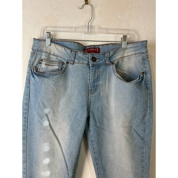 Women Red Rivet Crop Roll Hem Sz 15 Junior Light Wash Jeans - Picture 3 of 7